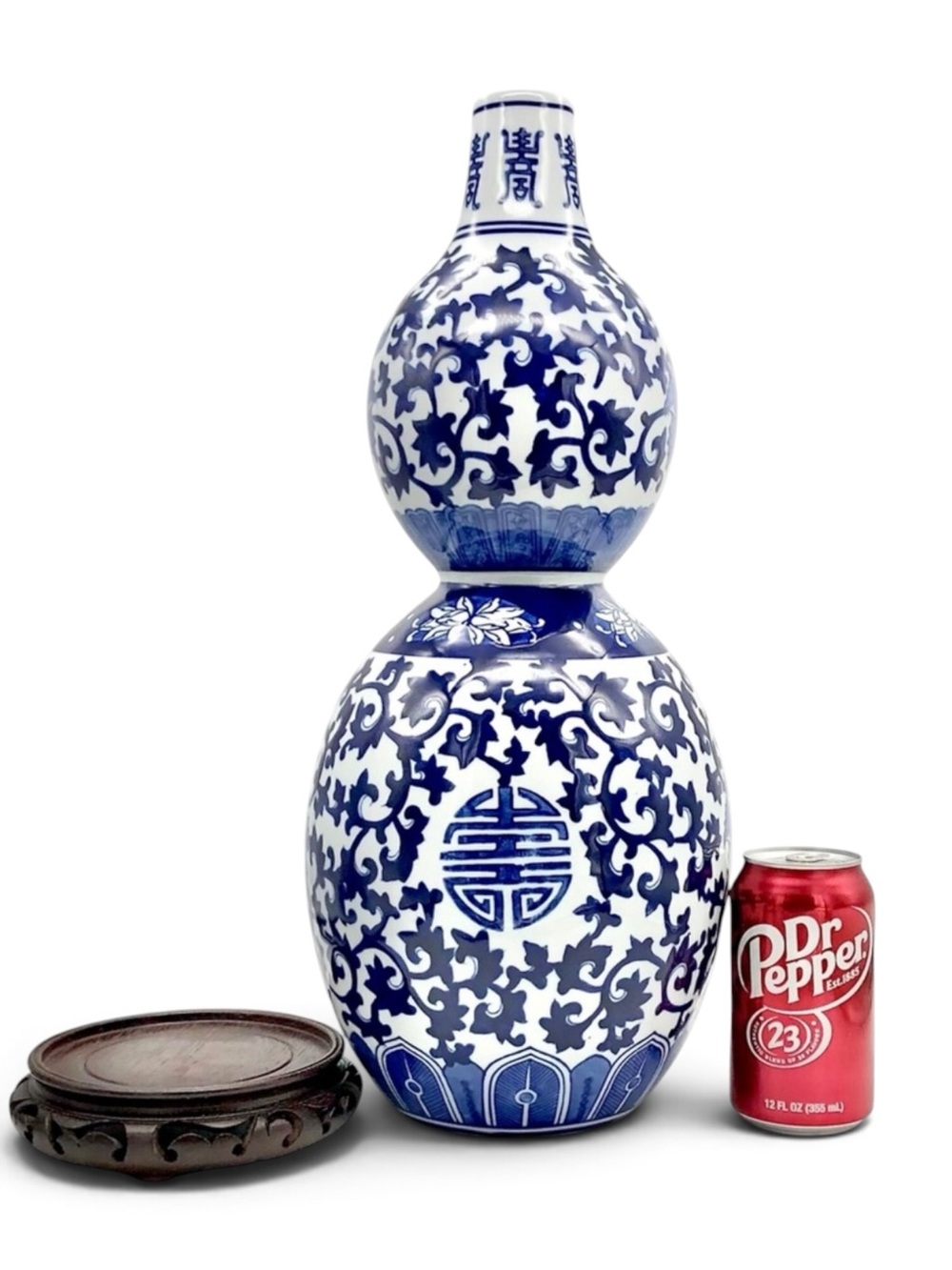 Chinese Double Gourd Vase 19” Blue And White Lotus Double Happiness W/ Stand